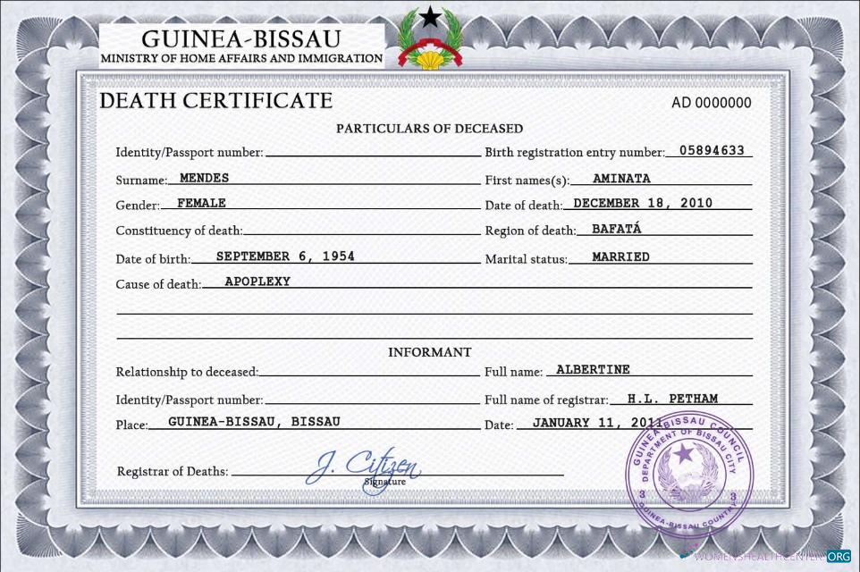 Download Guinea Bissau vital record death certificate PSD template Photoshop template